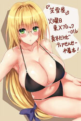 bikini black_bikini blonde_hair blush breasts cleavage female glasses green_eyes large_breasts long_hair looking_at_viewer parted_lips shibayuki solo swimsuit tearju_lunatique to_love-ru to_love-ru_darkness