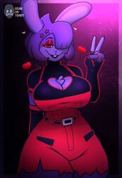 1girls 2025 2d 2d_(artwork) 2d_artwork anthro anthro_female artist_logo artist_name beanontoast big_breasts bonfie bonnie_(fnaf) buckteeth bunny_ears bunny_girl cally3d cryptiacurves female five_nights_at_freddy's fredina's_nightclub furry furry_female one_eye_closed peace_sign purple_body purple_fur red_dress red_eyes red_eyeshadow solo solo_female thick_thighs