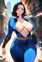 2d ai_generated big_breasts black_hair blue_bodysuit bodysuit center_opening day fallout fallout_4 female female_focus nipples nora_(fallout_4) open_clothes outdoors tagme vault_suit