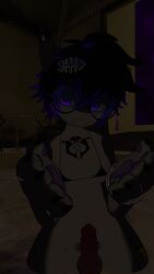 3d 3d_(artwork) beckoning belly_piercing betawolfie canine_genitalia canine_penis futanari glasses gynomorph intersex knot knotted_penis piercing shark skimpy_bikini solo vrchat vrchat_avatar