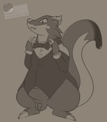2025 anthro badger belly bottomless bow_tie casual_exposure claws clothed clothing collared_shirt deep_navel digital_media_(artwork) dress_shirt english_text eyelashes fangs feet finger_claws fingers flaccid flat_colors foreskin full-length_portrait fur genitals grey_background greyscale humanoid_genitalia humanoid_penis hybrid male mammal mephitid monochrome moobs mouth_closed mustelid musteline navel overweight overweight_anthro overweight_male pear-shaped_figure penis pinnip_(pinnipip) pinnipip portrait pupils raised_tail semi-anthro shirt simple_background skunk small_penis snout solo solo_male standing suit tail teeth text thick_thighs toe_claws toes topwear vest wide_hips