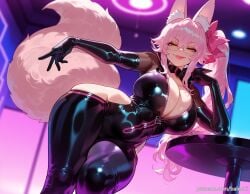 ai_generated animal_ear_fluff animal_ears balecxi black_bodysuit center_opening cleavage fate/grand_order fate_(series) female fox_ears fox_girl fox_tail glasses hair_between_eyes hairbow hip_vent koyanskaya_(assassin) koyanskaya_(fate) large_breasts long_hair looking_at_viewer pink_bow pink_hair ponytail sidelocks smile solo tamamo_(fate) thighs yellow_eyes