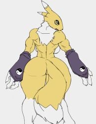 2019 anthro ass audunor bandai_namco big_ass big_breasts breasts canid canine digimon digimon_(species) digital_media_(artwork) dipstick_tail female looking_back mammal markings multicolored_tail muscular muscular_anthro muscular_female nude renamon simple_background solo tail tail_markings