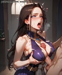 1boy 1boy1girl absurd_res ai_generated aphrodite brown_hair female god_of_war goddess hi_res highres long_hair male male/female male_penetrating male_penetrating_female ozziru paizuri patreon self_upload straight titjob uncensored