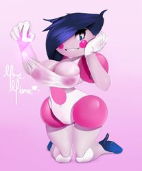 anthro ass big_breasts blue_eyes blue_hair breasts cameltoe clothed clothing female gloves hair heart humanoid kneeling looking_at_viewer mr._mime navel nintendo nipples plantpenetrator pokemon pussy rule_63 shadow shoes smile solo teeth video_games