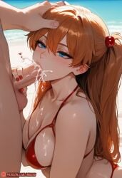 1boy 1boy1girl ai_generated asuka_langley_sohryu beach bikini blowjob blue_eyes eye_contact fellatio female hand_on_head huge_ass looking_at_viewer mixoai neon_genesis_evangelion patreon petite red_hair side_view solo_focus straight thicc