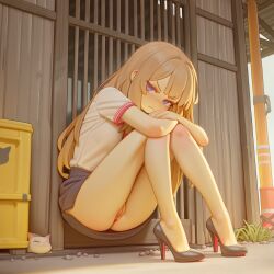 ai_generated blush cute embarrassed high_heels leaning_on_wall looking_at_viewer mezrus no_panties sitting tagme