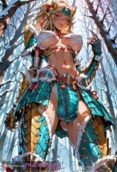 ai_generated armor blonde_hair bulge_under_clothes flaccid flaccid_penis futa_bulge futa_only futanari green_eyes intersex manofmidas monster_hunter monster_hunter_world navel penis_bulge samurai snow underboob zinogre zinogre_(armor)