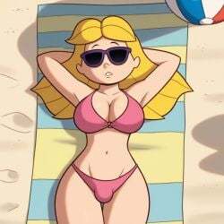 aged_up ai_generated beach big_breasts bikini blonde_hair clifford_the_big_red_dog emily_elizabeth futanari long_hair older pbskids solo solo_futa sunglasses