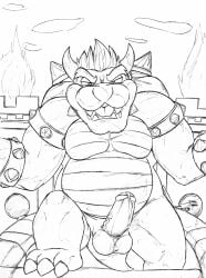 1boy 2013 anthro balls bodily_fluids bowser crazydrak dated dripping erection fangs fat fat_male foreskin front_view genital_fluids genitals hi_res horn humanoid_genitalia humanoid_penis koopa looking_at_viewer male mario_(series) monochrome muscular nintendo nude obese obese_anthro obese_male open_mouth overweight overweight_anthro overweight_male penis precum precum_drip scalie shell solo standing teeth uncircumcised vein veiny_penis