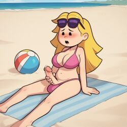 aged_up ai_generated beach beach_ball big_breasts bikini blonde_hair clifford_the_big_red_dog emily_elizabeth erection eyewear_on_head futanari intersex long_hair masturbation older pbskids penis solo solo_futa sunglasses