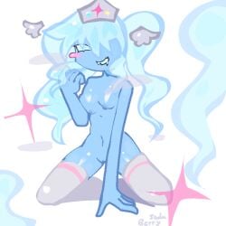 1girl 1girls artist_name artist_signature artist_upload belly belly_button berrysoda blue_body blue_hair blue_skin blush blushing boobs boobs_out curvy curvy_female curvy_figure drooling dusekkar_(forsaken) eyelashes female fists_clenched forsaken_(roblox) hair_over_one_eye hand_on_ground hourglass_figure looking_at_viewer loveshot_(forsaken) naked nurse nurse_cap on_knees pigtail pigtails pussy request roblox roblox_game robloxian self_upload shiny_breasts shiny_clothes shiny_skin sitting smoke solo solo_female sparkles stockings thighhighs thighs tits vagina watermark white_legwear white_socks wings_on_head