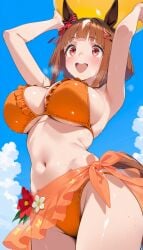 ai_generated animal_ears bikini brown_hair female horse_girl markings_on_hair red_eyes ribbon_in_hair transcend_(umamusume) umamusume umamusume_pretty_derby