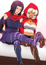 2girls battle_tendency bed blush breasts cape cleavage cum cum_on_lower_body dark_skin feet foot_fetish green_eyes gureko_rouman highres hood jojo's_bizarre_adventure large_breasts legs legs_crossed lisa_lisa long_hair looking_down mariah_(jjba) midriff multiple_girls navel no_shoes pantyhose purple_hair scarf short_hair simple_background sitting skirt smile stardust_crusaders thighs toes white_hair yellow_eyes