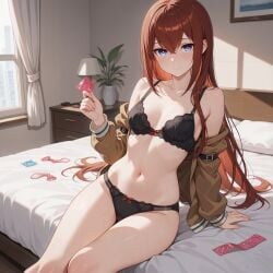 1girls ai_generated bed bedroom black bra condom makise_kurisu sitting smile