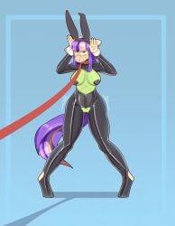 absurd_res anthro big_breasts blush breasts bunny_costume chapaevv clothing costume digital_media_(artwork) fake_ears fake_rabbit_ears fan_character female hair hasbro heart_symbol hi_res latex legwear looking_at_viewer my_little_pony nipple_tape pasties pussy_sticker robin_morgue simple_background smile solo tail tape
