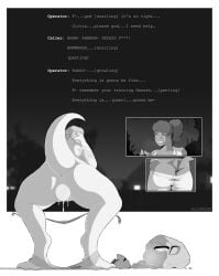 2023 anthro artist_name ass biped blurred_background bodily_fluids border bottomless bottomwear breasts clothed clothing covering covering_face dinosaur dripping_pussy duo duo_transformation egg egg_from_pussy electronics english_text female front_view genital_fluids genitals growth hair hand_on_own_head headgear headphones headset hi_res human_to_anthro koopacap mid_transformation monochrome night non-mammal_hair non-mammal_pussy outside oviposition phone_call ponytail prehistoric_species pussy rear_view reptile rubble scalie snout snout_growth species_transformation spread_legs spreading standing tail tail_growth text theropod topwear torn_bottomwear torn_clothing torn_topwear transformation tyrannosaurid tyrannosauroid tyrannosaurus tyrannosaurus_rex vaginal_fluids white_border