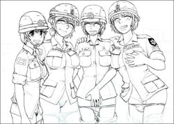 4girls blush breast_grab breasts closed_eyes combined_training_exercise comfort_woman female_soldier gogocherry looking_at_viewer monochrome multiple_girls open_mouth panties panty_pull pubic_hair pussy sex_slave short_hair smile standing uniform