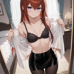 1girls ai_generated bed bedroom black bra makise_kurisu shirt skirt smile standing stockings