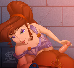 breasts brown_hair canon_couple clothes clothing couple disney dress duo erect_nipples erection eyeshadow female handjob hercules_(character) hercules_(disney) male megara nipples oni_(artist) partial_male penis ponytail pov purple_eyes see-through straight tied_hair