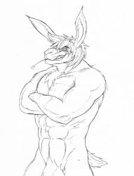 abs anthro balls crazydrak crossed_arms genitals grin hair long_ears looking_at_viewer male male_only monochrome muscular muscular_anthro muscular_male nude pecs penis penis_base portrait short_hair simple_background smile solo standing three-quarter_portrait