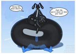 2023 alien alien_humanoid ant antbloon_(finalcord) arthropod balls big_balls blue_background border boris_(theboris) borisalien dated dialogue genitals hi_res huge_balls humanoid hymenopteran hyper hyper_abdomen hyper_balls hyper_genitalia inflation insects motion_lines penetration penis simple_background speech_bubble translucent translucent_body white_border