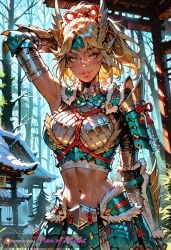 ai_generated armor blonde_hair green_eyes manofmidas monster_hunter monster_hunter_world samurai snow zinogre zinogre_(armor)