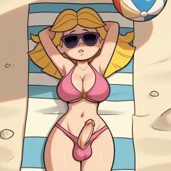 aged_up ai_generated beach big_breasts bikini blonde_hair clifford_the_big_red_dog emily_elizabeth erection futanari long_hair older pbskids penis solo solo_futa sunglasses