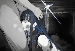 against_wall ai_generated alley artizenn back_against_wall blue_archive blue_hair bottomless clothed_female_nude_male cum cum_in_pussy cum_inside deepthroat defeated facefuck from_side greyscale halo head_grab irrumatio pubic_hair rape saori_(blue_archive) scared stray_pubic_hair text throat_fuck