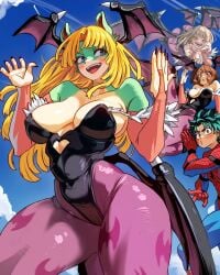 1boy 3girls 4:5 anthro ass big_breasts blonde_hair breasts cosplay darkstalkers female head_wings himiko_toga ippan_josei izuku_midoriya large_breasts male marvel marvel_vs._capcom morrigan_aensland_(cosplay) multiple_girls my_hero_academia ochako_uraraka source_request spider-man_(cosplay) vlizz wings