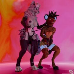 4k abstract_background absurd_res anthro balls belly_nipples black_body black_fur blender_(artwork) blender_eevee blue_body blue_fur breasts brown_body brown_fur chastity_cage chastity_device clothing collar cuff_(restraint) dan_(dantheyeen) digital_media_(artwork) dominant dominant_female duo duo_focus eye_contact felid female fur genitals gloves grin group handcuffed handcuffs handwear hi_res hyena latex latex_clothing latex_gloves latex_handwear latex_legwear latex_thigh_highs leash leash_pull leashed_collar leashed_male legwear licking licking_lips looking_at_another male male/female mammal metal_cuffs multi_nipple nervous_smile nipples pantherine purple_body purple_fur restraints smile snow_leopard somesnowleopard strapon submissive submissive_male thigh_highs tongue tongue_out white_body white_fur