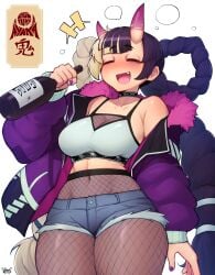 1girls 2025 alcohol ayaka_(athighhighguy) black_hair blonde_hair blush bottle braided_hair choker closed_eyes commission crop_top d-floe drunk female female_only fishnet_pantyhose fishnets hi_res horns jacket jean_shorts navel_piercing oerba_yun_fang oni oni_female oni_horns open_mouth pantyhose pantyhose_under_shorts purple_horns sake_bottle short_shorts smile solo tank_top thick_thighs tied_hair two_tone_hair very_long_hair white_background