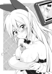 between_breasts blush breasts bunny_girl camera carrot carrot_paizuri female food_between_breasts hair_ribbon kirisaki_chitoge long_hair looking_at_viewer nisekoi okino_ryuuto pointy_chin recording ribbon solo