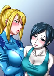 2girls black_eyes black_hair blonde_hair blush bodysuit breasts cleavage collarbone crossed_arms female female_only green_eyes highres hyoukai large_breasts lipstick looking_at_viewer makeup metroid multiple_girls nintendo pale_skin ponytail samus_aran super_smash_bros. tank_top tied_hair white_skin wii_fit wii_fit_trainer zero_suit zero_suit_samus