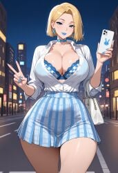 1girls 2d ai_generated big_breasts blonde_eyebrows blonde_female blonde_hair blue_eyes blue_lipstick blue_nails bob_cut bra breasts caucasian caucasian_female choker city clothed earrings emma_frost emma_frost_(marvel_rivals) eyebrows eyelashes female female_focus hair_behind_ear half-closed_eyes handbag hips kalanhrae light-skinned_female light_skin long_nails looking_at_viewer marvel marvel_comics marvel_rivals mature mature_female medium_hair milf pale-skinned_female pale_skin peace_sign phone seductive seductive_eyes seductive_look shiny_skin slightly_open_mouth smile smiling smiling_at_viewer street thick_thighs voluptuous voluptuous_female white_queen wide_hips