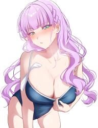 bare_arms bare_legs bare_shoulders bare_thighs bent_over blue_one-piece_swimsuit blush braid breasts cleavage collarbone green_eyes highleg_swimsuit huge_breasts long_hair love_live! love_live!_sunshine!! mei_hinamatsu one-piece_swimsuit parted_lips purple_hair sweat sweaty_body swimsuit swimsuit_pull thighs wien_margarete