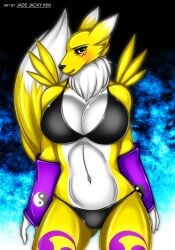 2014 anthro ass bandai_namco black_sclera blue_eyes blush bodily_fluids breasts canid canine chest_tuft clothed clothing digimon digimon_(species) female fluffy fluffy_tail fur genital_fluids hi_res jadej_jacky_kim looking_at_viewer mammal multicolored_body multicolored_fur navel panties partially_clothed renamon smile solo tail topless tuft two_tone_body two_tone_fur underwear white_body white_fur yellow_body yellow_fur zi0808