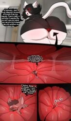 absurd_res anal anal_sex anal_vore anthro anus ass bodily_fluids canid canine canis clothed clothing comic dialogue digital_media_(artwork) domestic_cat duo english_text extreme_size_difference felid feline felis female forced fur hair hi_res implied_snuff junethekitty macro male male/female mammal micro partially_inside penetration size_difference tail text tongue vore