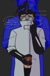black_gloves blue_background blush bottomless_male colored dick digital_media_(artwork) embarrassed english_text foreskin goggles huffing invader_zim labcoat leaking_precum looking_at_viewer male_only nervous one_eye_visible penis_out penis_pointing_toward_viewer procreate_(software) professor_membrane science scratching_self shy_male text text_bubble twitching_penis twitter_username