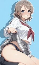 ai_generated ass breasts female lace-trimmed_panties love_live! love_live!_sunshine!! necktie panties schoolgirl serafuku short_hair sitting socks solo stomach thighs uranohoshi_school_uniform watanabe_you