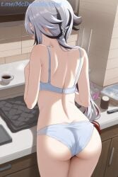 1female 1girl 1girls 1girls_ass ai_generated arlecchino_(genshin_impact) ass back bare_shoulders black_hair blue_bra blush bra coffee coffee_mug commentary_request cup female female_focus female_only from_behind genshin_impact grey_hair indoors kitchen long_hair low_ponytail mug multicolored_hair panties solo stable_diffusion streaked_hair thighs two-tone_hair underwear underwear_only white_bra white_hair white_panties zelanell