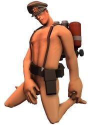3d backpack belt_only chest_hair covering_crotch dilf erection glasses happy_trail hat_only hiding_erection human_only jokisenpai kneeling male_only medic_(team_fortress_2) naked_belt naked_hat naked_suspenders penis sfm source_filmmaker suspenders team_fortress_2
