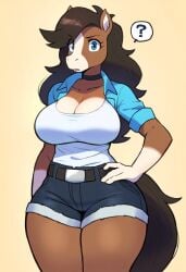 2d ai_generated alert_stance animal_ears animated_style anthro anthro_female anthropomorphic_theme beige_background black_belt black_choker black_tail_tip blue_button_up blue_eyes blue_shorts breast_outline breast_shadow brown_fur busty_female casual_wear cel_shading center_frame chest_marking choker clean_lineart collared_shirt concerned_expression confused_expression context_symbol curvy_body dark_brown_hair dark_denim dark_tail deep_cleavage default_pose denim_shorts detailed_eyes digital_art double_layered_shorts draft_horse equine_humanoid equine_tail expressive_face eye_reflection fashionable_female female fit_female focused_gaze folded_hems forelock frayed_hems full_body furry_female furry_focus gradient_background hair_volume hand_on_hip head_tilt hip_emphasis horse_ears horse_head hourglass_figure humanoid_female inspired_look jean_shorts large_breasts layered_clothing light_markings long_hair looking_away majorfluffy mammal_furry mature_female metallic_buckle minimal_background modern_clothing muzzle_marking necklace_like_accessory no_visible_pants no_visible_shoes open_mouth outlined_eyes parted_hair parted_lips portrait_orientation pronounced_cleavage puzzled_body_language question_mark raised_eyebrow rolled_sleeves sassy_pose scoop_neck_shirt sharp_pupils short_sleeves side_bangs sleeveless_clothing soft_background solo solo_focus speech_bubble square_belt_buckle standing_pose stretched_clothing stylized_anatomy stylized_proportions symbol_speech symmetrical_fringe thick_hair thick_lashes thick_tail thick_thighs three_quarter_view tight_shorts tight_top tilted_hip toned_arms top_heavy two_tone_fur unbuttoned_shirt upright_ears upright_posture visible_belt visible_legs waistband warm_palette wavy_hair western_theme white_facial_marking white_tank_top wide_hips wide_neckline