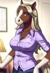 2d ai_generated anime_style anthro anthro_female anthro_mare background_blur blue_eyes body brown_fur button_up_shirt casual_wear cel_shading clean_lineart confident_pose curvy denim_jeans domestic_setting draft_horse equine_humanoid equine_tail female framed_picture furry_female furry_focus hand_on_hip horse_head humanoid_female indoors lamp_in_background large_breasts long_blonde_hair majorfluffy mature_female open_collar purple_shirt rolled_sleeves seductive_expression solo species_transformation tight_clothing upright_ears visible_waistline white_markings