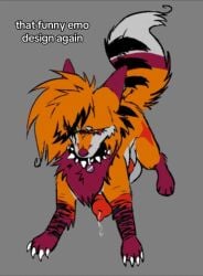 amber_(foxi_boxi) animal_genitalia animal_penis balls black_fur black_hair boximorph claws collar dark_fur darker_balls dipstick_ears dipstick_tail emo feral foxi_boxi furry furry_only green_pupils grey_fur knot knotted_penis lgbt_pride lgbt_pride_colors light_grey_fur looking_at_viewer markings maroon_fur messy_hair orange_fur orange_hair orange_tail penis red_eyes red_fur red_penis sheath spiked_collar star_marking stripes stripes_(marking) text third-party_edit white_claws