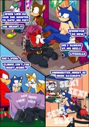 2_tails absurd_res annoyed anthro archie_comics belt belt_buckle beverage beverage_can blue_eyes bothered bovid buckle canid canine caprine chilidog clothed clothed_anthro clothed_female clothing comic dialogue duo echidna embarrassed english_text eulipotyphlan exhibitionism feet female foot_bite foot_fetish foot_humping foot_in_mouth foot_lick foot_play foot_sniff foot_sniffing fox fully_clothed fully_clothed_anthro fully_clothed_female green_eyes group hedgehog hi_res humping_foot knuckles_the_echidna leather leather_clothing leg_humping licking lien-da lunch male male/female mammal monotreme multi_tail necktie public public_sex purple_eyes quills_(anatomy) sega sex sheep sniffing soda sonic_(series) sonic_the_hedgehog sonic_the_hedgehog_(archie) sonic_the_hedgehog_(comics) sonic_the_hedgehog_(series) tail tails tails_the_fox text tinydevilhorns tongue