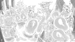 absurd_res anthro anus ass balls bathing bent_over big_butt biped casloafy dragon fingers genitals glistening glistening_body group hair hi_res holding_tail hot_dogging huge_butt looking_at_another looking_back male male/male mouth_closed mythological_creature mythological_scalie mythology nude open_mouth partially_submerged penis pupils scalie sex smile tail water wet wet_body