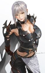aranea_highwind armor armored_female cleavage cleavage_cutout exposed_midriff final_fantasy final_fantasy_xv green_eyes large_breasts looking_at_viewer silver_hair sweat tonko_from_2 t子