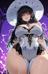 1girls ai_generated astra_yao bangs bare_shoulders black_hair blunt_bangs breasts cleavage clothing cosplay covered_navel cowboy_shot curvaceous curvaceous_female curvaceous_figure curvy curvy_figure dress earrings female female_focus female_only from_below glowing_eyes hat headwear jewelry large_breasts large_hat lips lisa_(genshin_impact) lisa_(genshin_impact)_(cosplay) long_hair looking_at_viewer looking_down mihoyo miyuai parted_lips pelvic_curtain purple_background red_eyes solo thick_thighs thighs voluptuous voluptuous_female white_dress white_headwear wide_hips witch_hat zenless_zone_zero