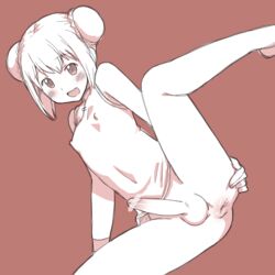 aaaa anus blush bottomless censored chinese_clothes crossdressing double_bun erect_nipples femboy highres male male_only monochrome original penis pointless_censoring smile solo spread_legs